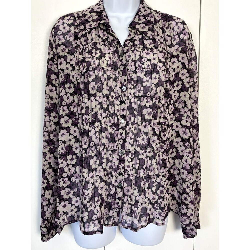 Liz Claiborne Sheer Purple Flower Rouched Blouse Size 10